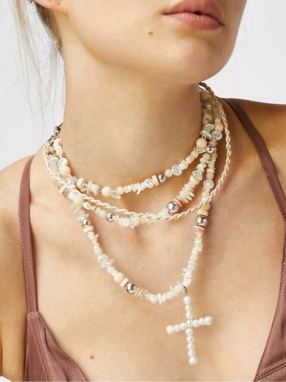 Free People Dream of Me Layered Beaded Cross Necklace, NWT
